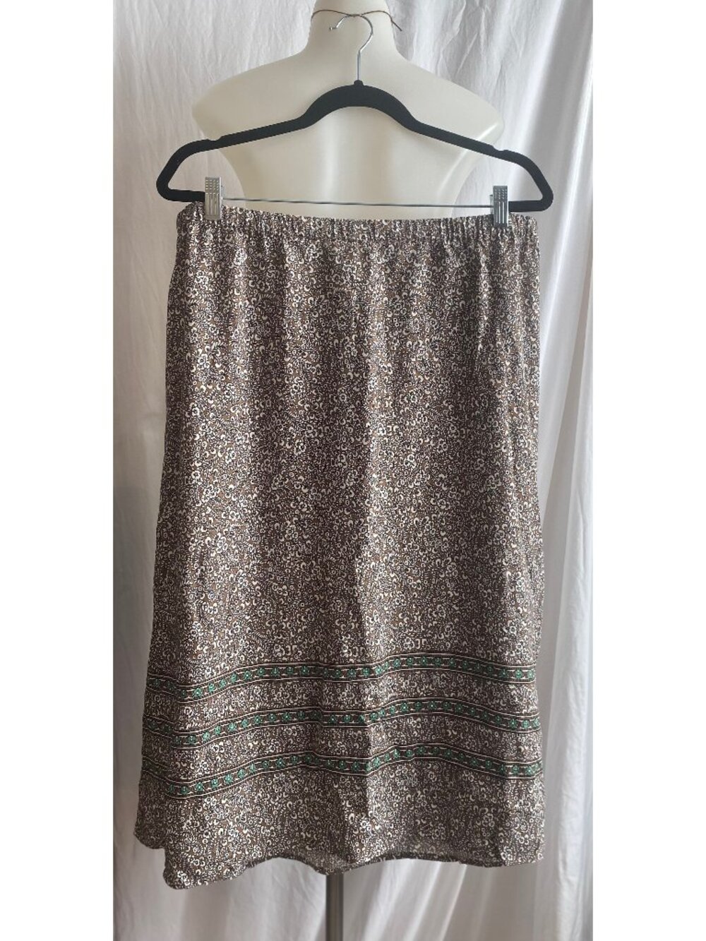 J.Jill Brown Cream Floral Boho Midi Skirt Teal Border Print Size L